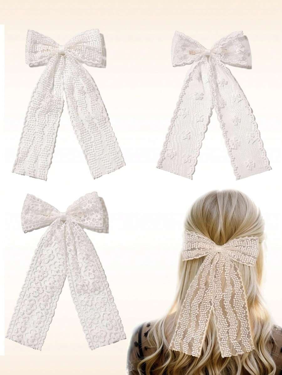 3入組白色花邊髮箍，長尾白色髮箍，帶夾的蝴蝶結髮夾，蕾絲髮帶花夾，白色髮箍，女孩白色髮飾 - 彩色 - 查看 1