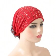 1 pieza Turbante de mujer con sombrero decorado con cristales y efecto arrugado, accesorio de invierno y otoño