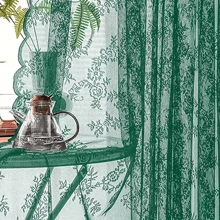 1pc Green Lace Sheer Curtain For Window/Balcony, Country-Style Flower Patterned Drapes As Oasis, Room Divider - Green - View 3