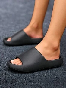 Men's Solid EVA Slides, Non Slip Quick-Drying Open Toe Slippers For Indoor Outdoor Walking And Bathroom Shower, Men's Comfy Beach Slides - Black - View 1