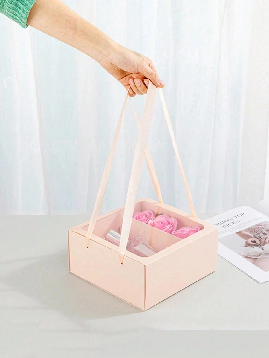 1pc Handheld Semi-Transparent Gift Box With Creative And Versatile Highly Attractive Design, Suitable For Festivals, Parties, Gifts, Daily Life And Weddings - Pink - View 1