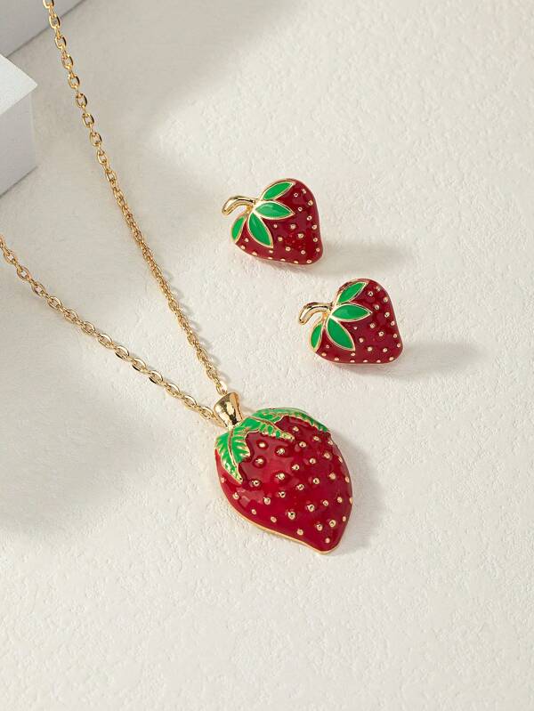Set de collar con colgante de fresa lindo y pendientes y aretes a Set, Set de joyería dulce para mujeres, fiestas y uso diario