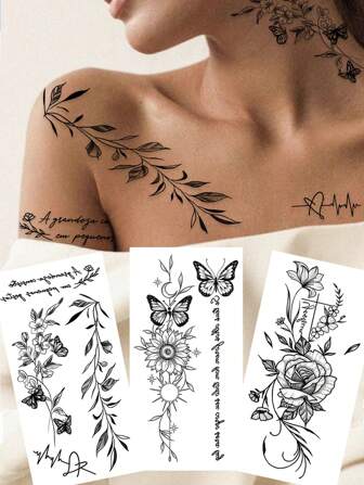 3pcs Women's Temporary Tattoo Stickers, Waterproof Body Art Decals With Realistic And Sexy Flower & Butterfly Designs