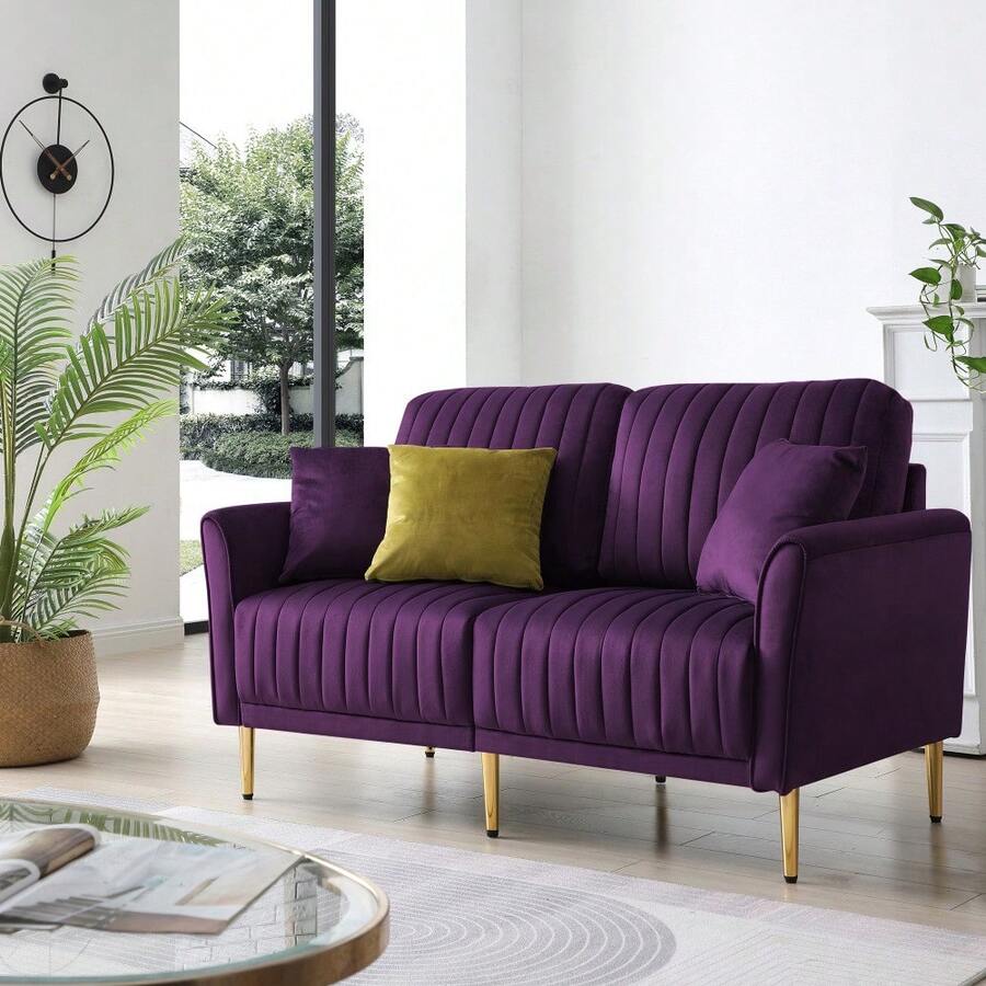 Eggplant Velvet Round Arm Loveseat 2 Seat Sofa With 2 Throw Pillows - 白色 - 查看 1