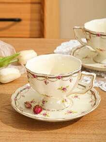 1 套彩色图案陶瓷咖啡杯和碟子，适用于厨房、餐厅、客厅、户外、婚礼、派对、礼物、生日、圣诞节返校 - 彩色 - 查看 10