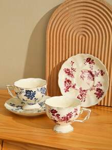 1 套彩色图案陶瓷咖啡杯和碟子，适用于厨房、餐厅、客厅、户外、婚礼、派对、礼物、生日、圣诞节返校 - 彩色 - 查看 4