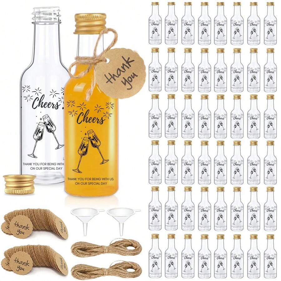 YESTARY 50 Pack Mini Liquor Bottles,1.8oz/50ml Airtight Mini Plastic Bottles Small Plastic Bottle With Caps, Mini Wine Bottles With Funnels, Tags, And Ropes, Juice Shot Bottles For Wedding Party - 50pcs - View 1