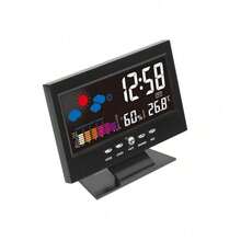 Reloj termómetro higrómetro electrónico digital con monitor de temperatura y humedad LCD para el hogar con pronóstico del tiempo en interiores - Negro - Ver 1