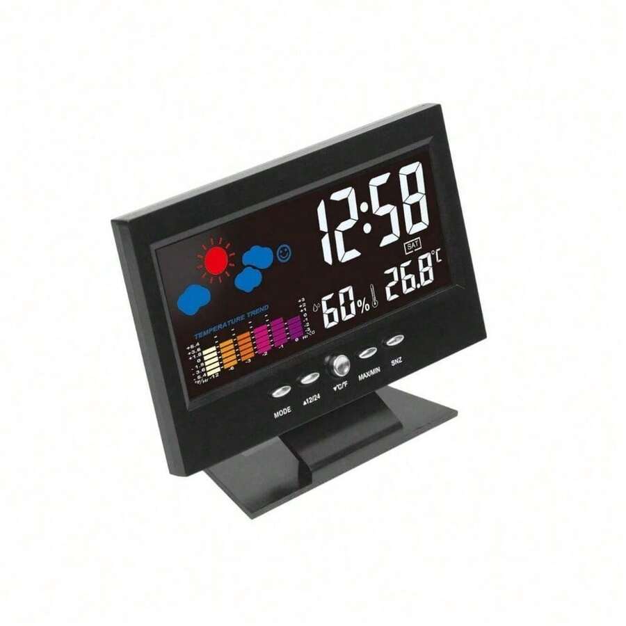 Reloj termómetro higrómetro electrónico digital con monitor de temperatura y humedad LCD para el hogar con pronóstico del tiempo en interiores - Negro - Ver 1
