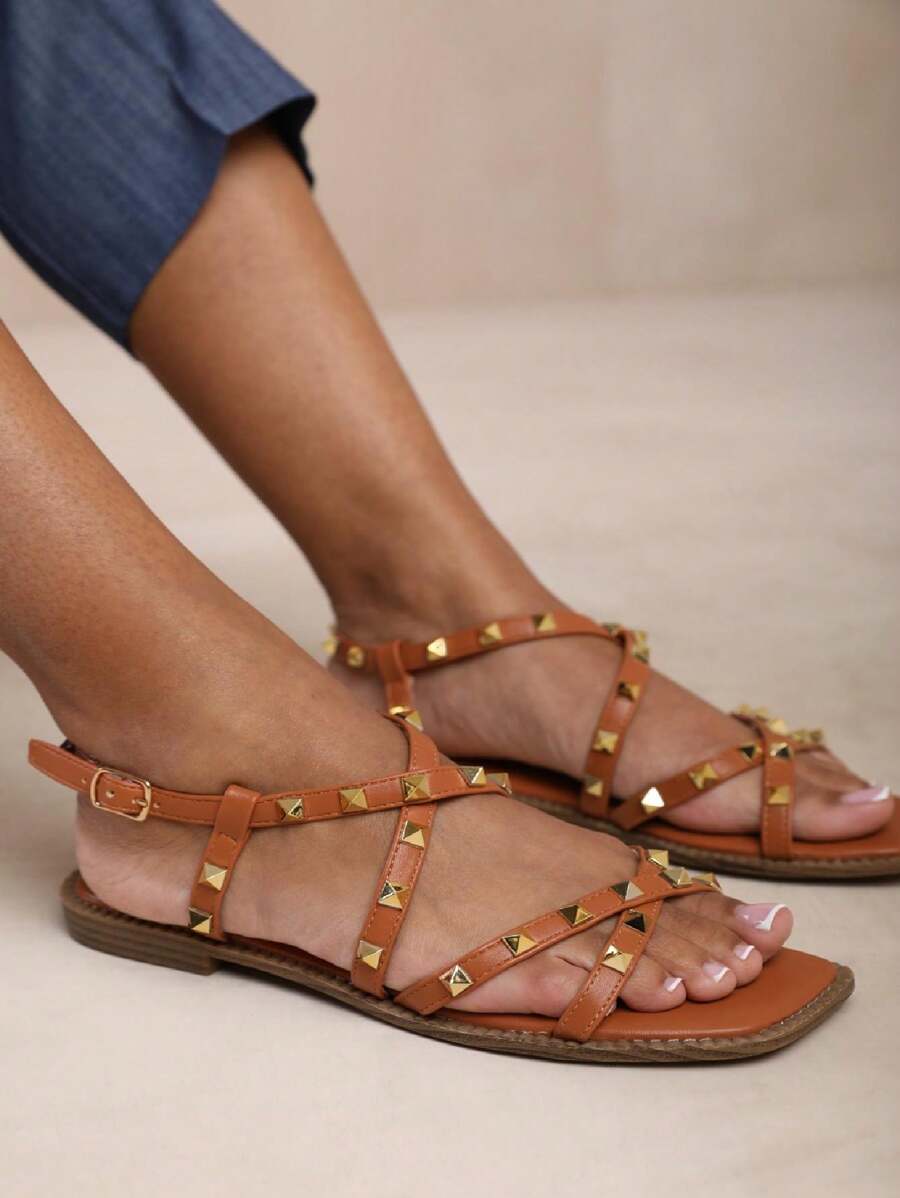Where’s That From MONTANA GLADIATOR SANDAL WITH STUDD DETAIL IN FAUX LEATHER - Tan PU - View 1