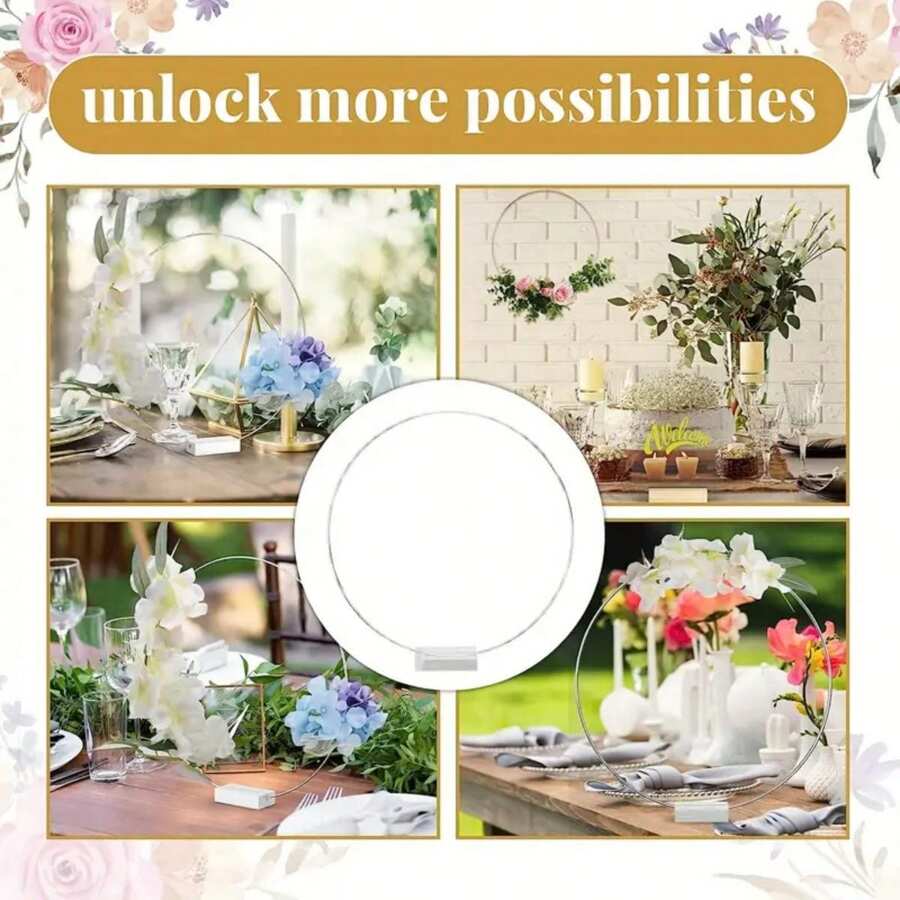 10pcs 12 Inch Metal Floral Hoop Centerpieces For Table, Metal Wreath Ring With 10 PCS Place Card Holders For Wedding Decor Home Decor, - Silver - View 1