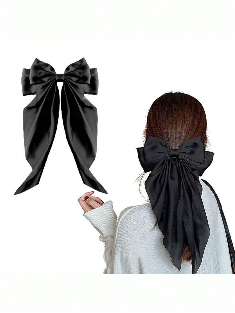 1入法式髮夾，適用於粗細頭髮，緞帶蝴蝶結髮夾，適用於女士女孩，黑色蝴蝶結髮夾，緞帶髮夾，頭飾髮飾 - 黑色 - 查看 1