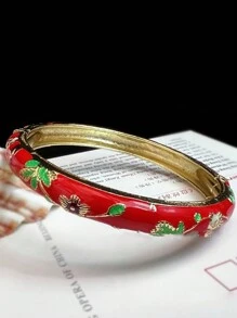 1 pieza Pulsera bohemia nueva y elegante estilo con esmalte champlevé chapado en oro y patrón floral, adecuada como joyería para mujeres y niñas