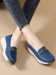 Women's Thick Sole Loafers Soft Bottom Spring Autumn Handmade Stitching Slip-On Casual Wedge Shoes