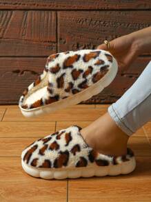 潮流时尚感豹纹家居室内外情侣防滑女士半包毛拖鞋 - 白棕色 - 查看 5