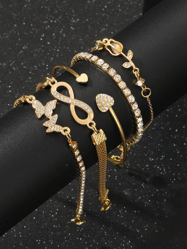 Set de 5 piezas de pulsera con brazalete con colgante en forma de mariposa, corazón, flor, tulipán y gota de agua decorados con cristales brillantes en formas de infinito y cadena para fiestas, citas, regalos y uso diario para San Valentín, mamá, madre, Día de la Madre