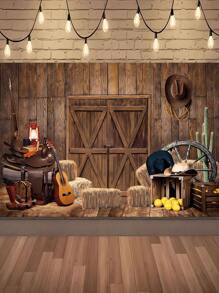 1入組西部牛仔風格農場主題布景布，適用於攝影背景裝飾，生日派對場景佈置，室內/室外牆面裝飾 - A西部牛仔主題背景布003 - 查看 2