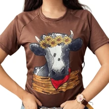 Blusa Vaquera manga corta en color marrón chocolate con estampado de cabeza de vaca con flores. - Marrón Chocolate - Ver 2