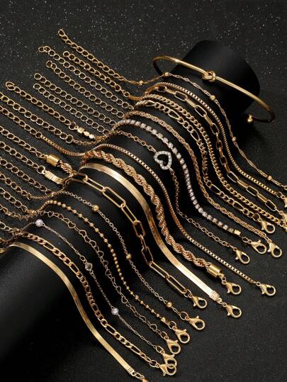 19-5 件时尚、简约、优雅、复古、精致、可爱的花朵串珠蝴蝶、人造珍珠、水钻、心形、圆珠、几何链、蛇骨链、扭链、星形、无限形、8 形手链、手镯套装，适合节日、假期、聚会、约会和日常佩戴，非常适合情人节礼物