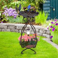 Copper Solar Bird Bath Feeder Combo With Flower Planter Pedestal And Solar Lights - 銅色 - 查看 5