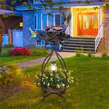 Copper Solar Bird Bath Feeder Combo With Flower Planter Pedestal And Solar Lights - 銅色 - 查看 6