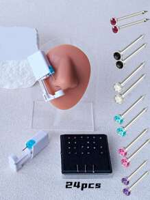26 buc/1 set Kit de piercing la nas steril, pistol de unică folosință pentru dureri reduse, știft pentru nas încorporat cu culori roz/alb/negru/violet/albastru cer/roșu, 20G (24 bucăți asortate de știfturi pentru nas drepte cu mreană, cu pietre prețioase colorate aleatoriu), potrivite pentru Bărbați, femei și studenți pentru instrumente și accesorii de frumusețe pentru piercing