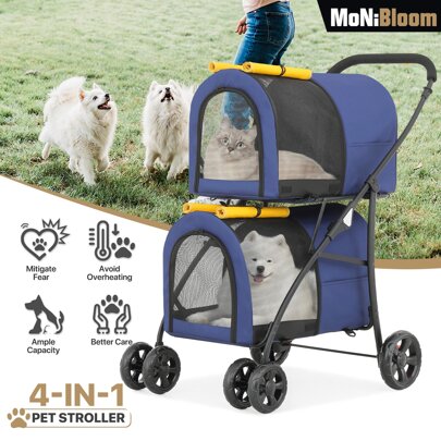 MoNiBloom Double Dog Stroller With Detachable Carrier Bags Large 4 Wheels Foldable Jogger For Rabbit Bunny Dogs Cats