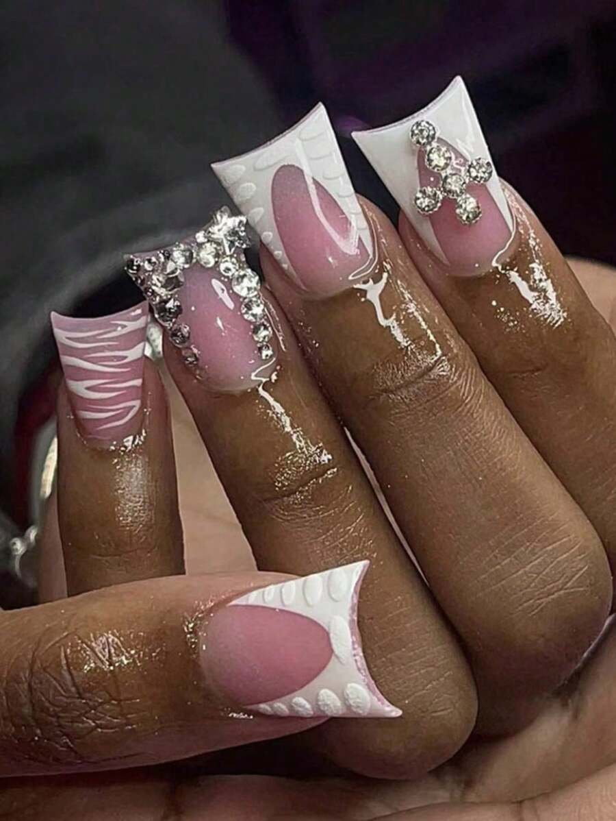 Set de 24 uñas postizas de estilo francés en forma de pico de pato con diseño de diamantes de imitación estrellados para uso diario, incluye pegamento en gelatina y archivo de uñas, adecuado para todas las mujeres - Blanco - Ver 1