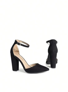Women Ankle Strap Chunky Heel High Heels Pumps Closed Pointed Toe Fashionable Elegant Wedding Pump Shoes - Da lộn màu đen - Xem 6