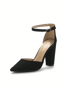 Women Ankle Strap Chunky Heel High Heels Pumps Closed Pointed Toe Fashionable Elegant Wedding Pump Shoes - Da lộn màu đen - Xem 2