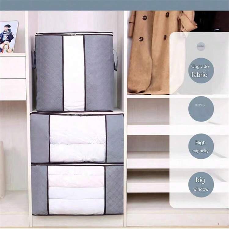 1 件大号储物袋，衣柜整理器和储物袋，带加固手柄的可折叠衣物储物箱，用于存放衣物、毛毯、棉被、玩具、床上用品的储物箱，灰色，适合返校 - 灰色 - 查看 8