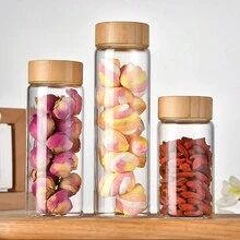 1 Stück Mini transparente Glasflaschen mit Holzdeckel, leere Probengläser zur Aufbewahrung von Flüssigkeiten für die Hausdekoration - Verschiedenfarbig - Übersicht 5