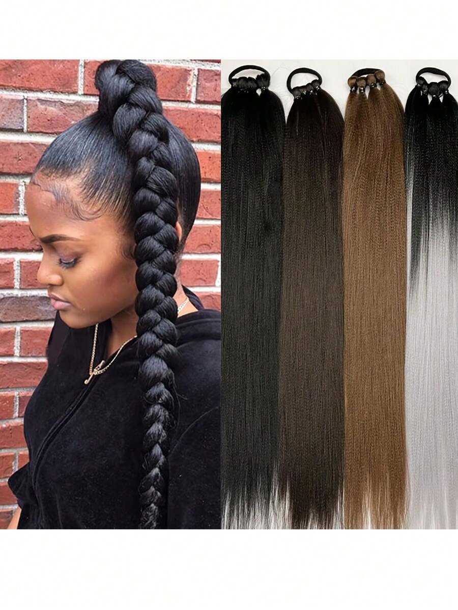 DIY編織馬尾延伸，28英寸長直包圍式馬尾假髮，天然柔軟合成髮料女性日常佩戴 - 黑色 - 查看 1