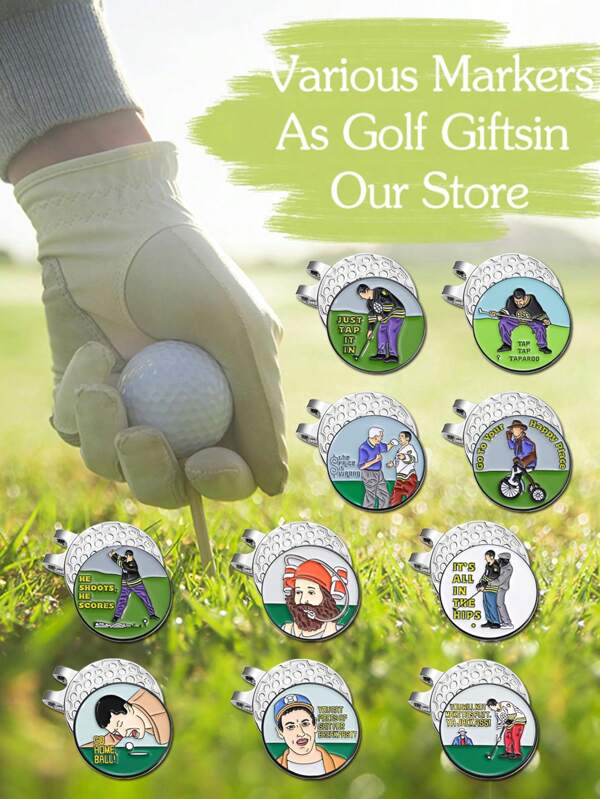 1/10Pcs Golf Hat Clip, Creative Comic Style Golf Player Series Detachable Golf Green Fork, Circular Coin Metal Manganese Steel Ball Position Mark Magnetic Directional Putter Ball Mark Grass Tool Golf Hat Emblem Gift, Scriber, Golf Accessories Supplies, Gift For Boyfriend
