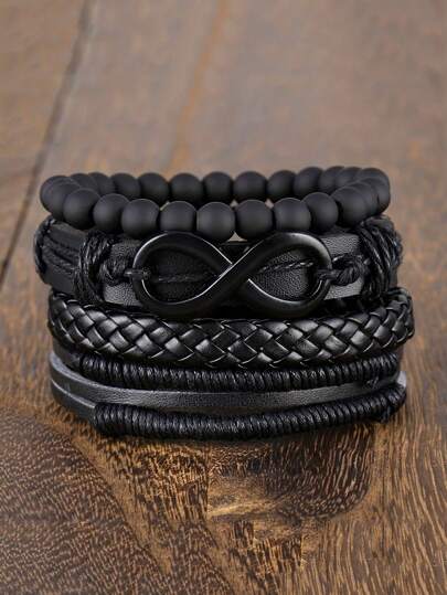 4pcs/Set Punk Hip Hop Handmade Braided Rope PU Leather Infinity Cycle Pendant Men's Bracelet Bangle Casual Holiday Party Accessories