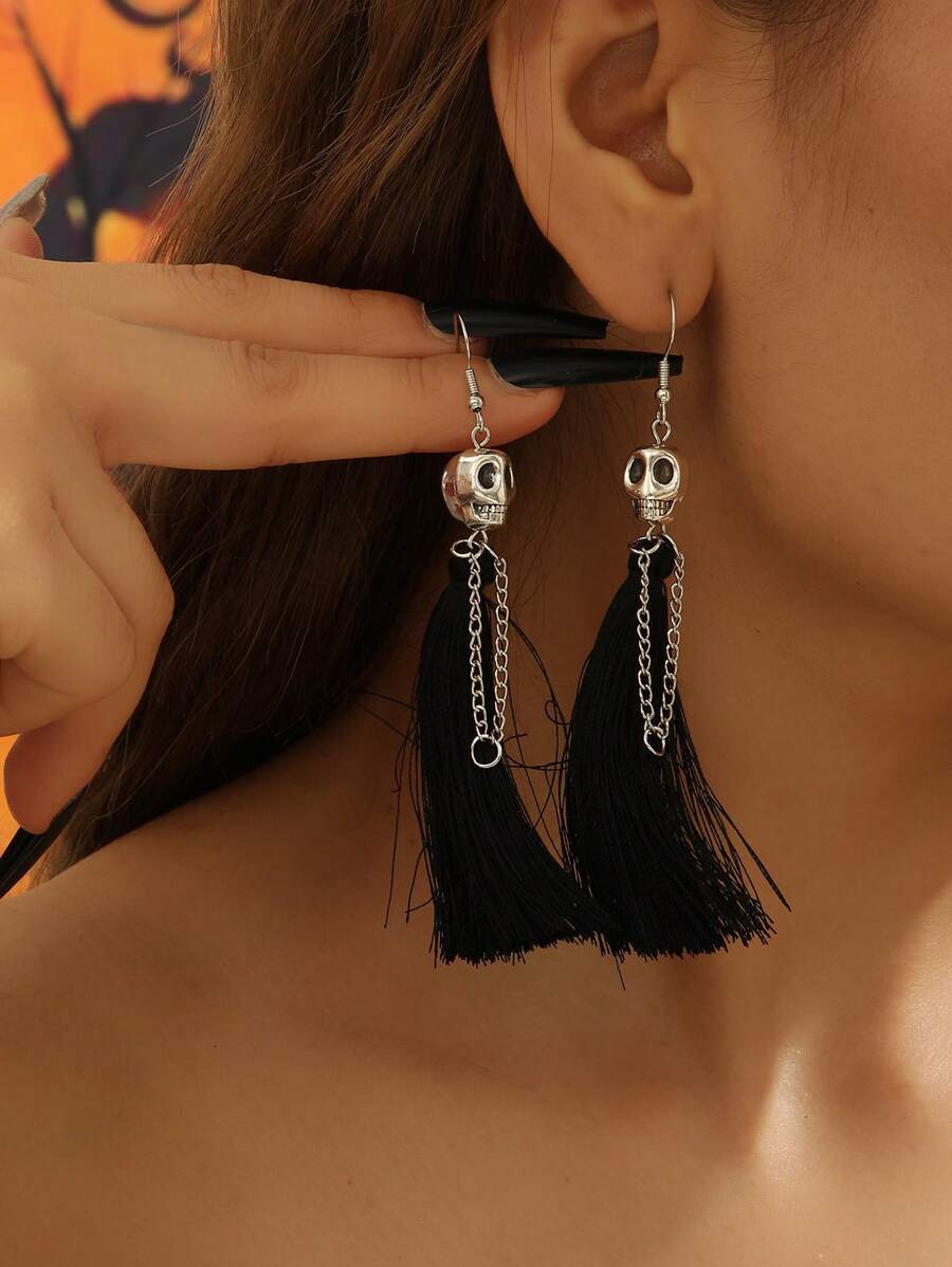 1pair Haunting Skeleton Bride Thread Tassel Dangle Earrings - Gothic Halloween Zinc Alloy Jewelry For Spooky Party Enthusiasts - Ghost Festival Ear Ornaments - Halloween - View 1