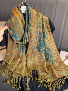 1条女士波西米亚风复古佩斯利提花羊绒围巾，休闲优雅的秋冬披肩，适合日常穿着 - 黃綠色 - 查看 3