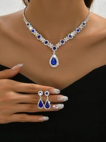 时尚婚礼珠宝套装，项链和耳环，泪珠形，蓝色和红色，套装 - 907紅色耳環項鍊 - 查看 1