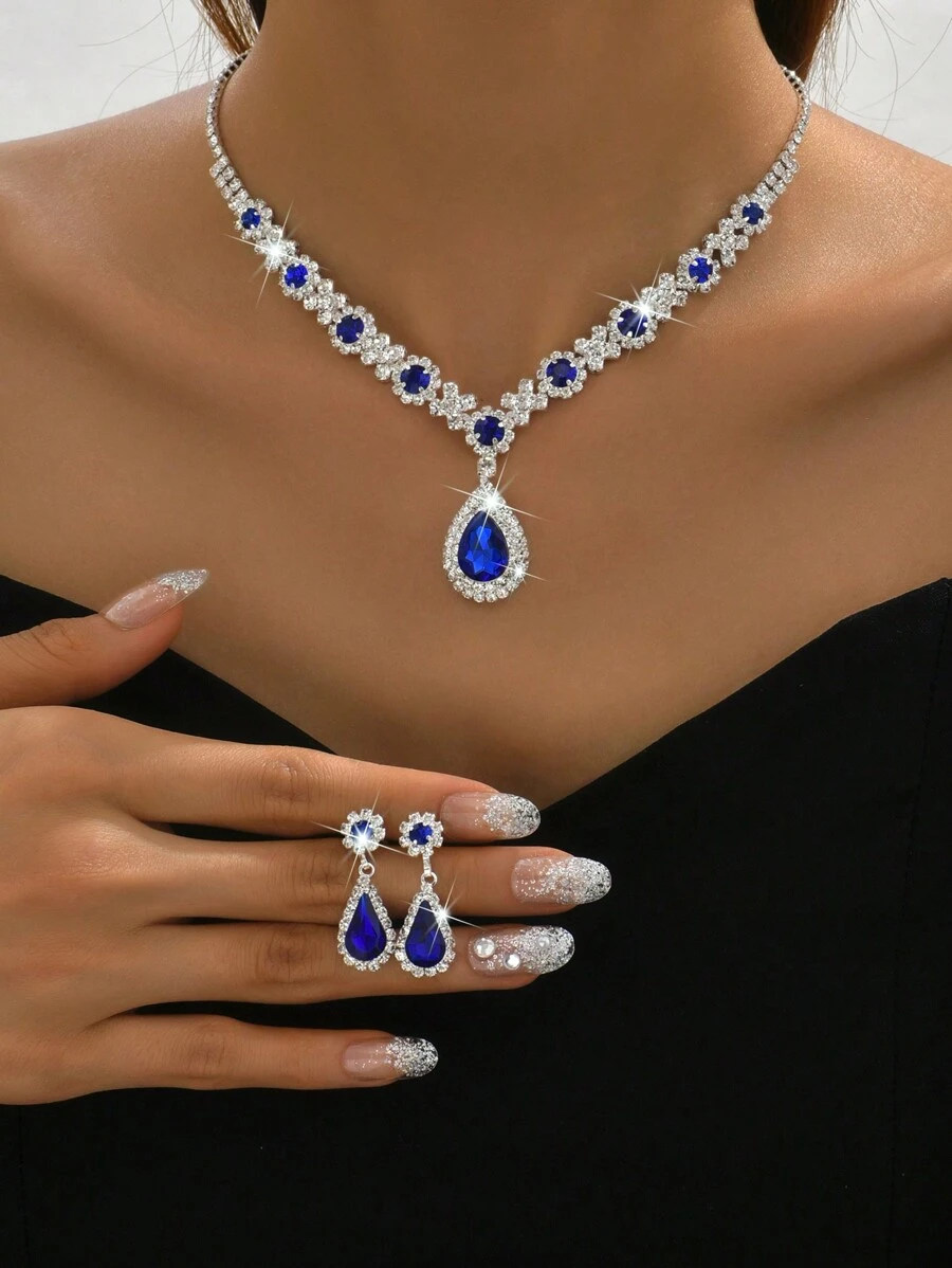 时尚婚礼珠宝套装，项链和耳环，泪珠形，蓝色和红色，套装 - 907紅色耳環項鍊 - 查看 1