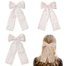 3入組白色花邊髮箍，長尾白色髮箍，帶夾的蝴蝶結髮夾，蕾絲髮帶花夾，白色髮箍，女孩白色髮飾 - 彩色 - 查看 14