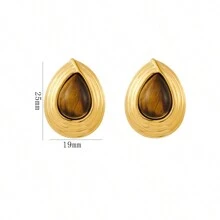 1pair Tiger's Eye Stone Vintage Style Stainless Steel Stud Earrings, With Pearl Inlay For Party And Celebration - Multicolor - View 7