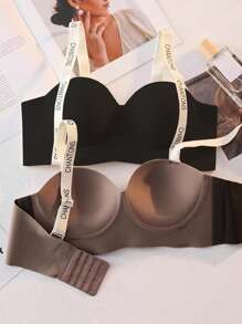 2pcs Women's Non-Underwire Letter Strap Bra, No Padding Push-Up Bra For Small Chest [Specially Designed For Flat-Chested Women] Lingerie - Multicolor - View 4