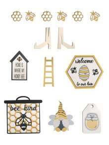 Beehive Design Creative Bee Hive Face Layered Tray Decor, Wooden Mini Bee Decoration With Ladder, For Home Living Room Kitchen Table Decoration, 1 Set - Multicolor - View 6