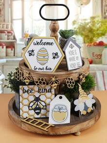 Beehive Design Creative Bee Hive Face Layered Tray Decor, Wooden Mini Bee Decoration With Ladder, For Home Living Room Kitchen Table Decoration, 1 Set - Multicolor - View 3