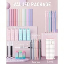 Mechanical Pencils Set 39 PCS Aesthetic School Supplies With Cute Pen Case, 12 Pastel Highlighters, 5 Black Ink Gel Pens, 6 Mechanical Pencils Set 0.5 & 0.7 Mm For Students College Essentials - 粉紅色和白色 - 查看 3