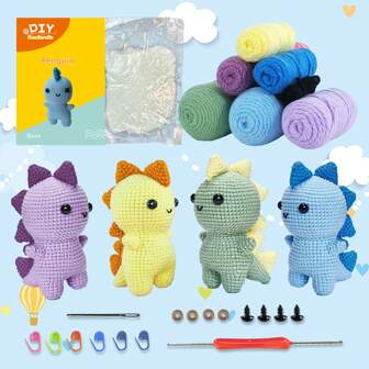 Jeslon Kit de crochetage DIY débutant, mignon jouet en peluche dinosaure, facile à apprendre pour les débutants, convient pour cadeaux, soulagement du stress et éducation au tricotage. Livré avec un tutoriel vidéo anglais étape par étape, y compris une instruction en anglais, du fil, un crochet, des ciseaux, des aiguilles à coudre et d'autres accessoires (Le style d'emballage et les couleurs d'accessoires sont aléatoires).