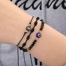Ensemble de 3 bracelets à lettre à œil maléfique en verre tressé à la main avec sept cordes noires pour femmes