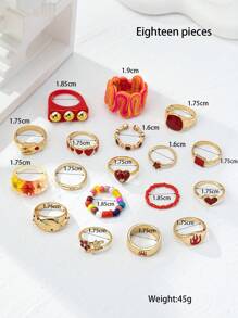 1 set de 18 piezas Juego de joyas de anillos ajustables con flores secas, corazones, arañas y cuentas - Estilo excéntrico y encantador - Multiusos, adecuado para Halloween, San Valentín, Día de la Madre - Colores y patrones aleatorios