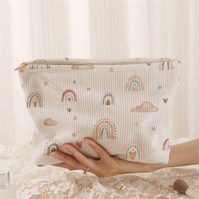 Random White Background Double-Sided Printed Corduroy Makeup Bag, Lightweight Zipper Storage Bag, Cosmetics Storage Bag, Multi-Functional Toilet Bag With Lining, New Makeup Bag, Perfect For Shopping, Dating, Vacation, Travel, Holidays, Parties Or As A Gift Back To School ,School Supplies,Shop Back To School