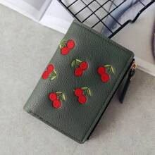 Women's Embroidered Cherry Design Vertical Buckle Short Wallet And Versatile PU Waterproof And Lightweight Suitable For Cash Ideal Gift For Girls And Female Friends Valentines For Women Wallet Purse Wallet Small Wallet Cute Wallet